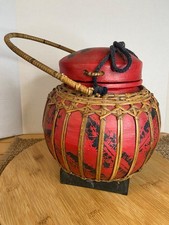 Vintage Thai Rice Basket Red Lacquer Bamboo Woven Lidded Storage Bucket Boho Art picture