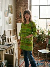 Vintage 1970s Design House Apron Smock Green Tree Birds Cotton One Size Mod MCM picture