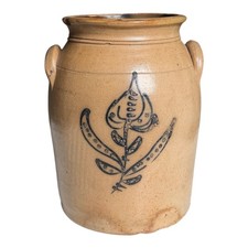 Antique Americana Folk Art Stoneware Crock with Cobalt Blue Floral Tulip Design picture