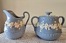 VINTAGE WEDGWOOD EMBOSSED QUEEN'S WARE CREAMER & COVERED SUGAR BOWL, ENGLAND picture