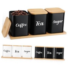 Tioncy Coffee Tea Sugar Container with Tray Set of 3 Airtight Metal Black picture