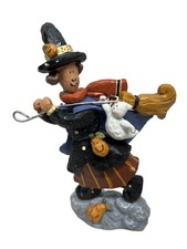 Nantucket Halloween Witch Figurine 8” Broom White Cat Pumpkins Folk Art picture