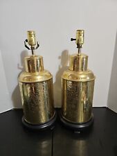 Pair Antique Brass Asian Lamp Ginger Jar Tea Caddy Floral Etch Gold Chinoiserie picture