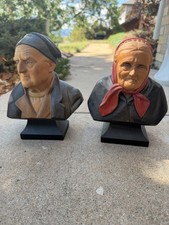 Vintage Hans Huggler Wyss Swiss Hand Carved Wood Busts Man Woman Pair picture