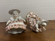 Vintage Lefton Bloomer Girls Figurines Pair KW1412 Pink Ruffle Dresses AS IS picture