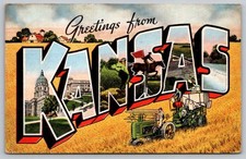 c1940 Greetings From Kansas KS Large Letter Wheat Harvest Kropp Linen Postcard picture