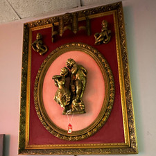 Ornate Gold Tone Metal Deep Shadow Box Wall Frame w/ 3D Relief Figures, Red picture