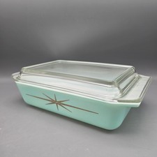 Vintage Pyrex Atomic Starburst Turquoise Blue Refrigerator Dish Clear Glass Lid picture