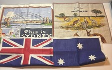 Lot of 3 Vintage Australian Souvenir Linen Tea Towels Sydney Port Macquarie Flag picture