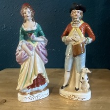 Vintage Japan Porcelain Colonial Couple Figurines 8.25” Pair Gentleman Dog Lady picture