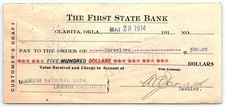 1914 Oklahoma Customer's Draft, $500, with endorsements picture