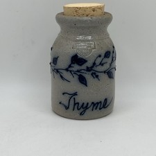 Very HTF Vintage Salmon Falls Stoneware Thyme Spice Jar W/ Cork  4.5” Blue Vine picture