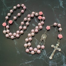 Pink Pearl Rosary Necklace – 32 Inch with Rose Beads Catholic Prayer Crucifix picture