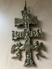 Antique 18thC Spanish Caravaca Reliquary Cross Bronze Brass Double Bar Angels picture
