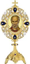 St Saint Nicholas Gilded Icon in Ornate Footed Frame for Altar or Shrine 7 In picture