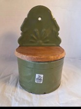Vintage Green Enamel Hanging Wall Salt Box Viking Poland picture