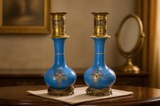 A pair of Antique French blue opaline glass lamps with Brass base and top 15” picture