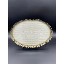 Vintage Vanity Tray Glass Metal Display Perfume Makeup Oval Gold Tone Pink Back picture