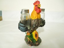 Rooster Holding Glass Salt & Pepper Shakers w. Stainless Steel Caps Unused picture