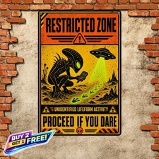 Alien Sighted Warning Sign Retro UFO Theme Metal Tin Wall Art Plaque 8x12 picture