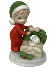 Vintage Lefton China Hand Painted Boy Tucks In Bear Christmas Figurine MCM 2.5