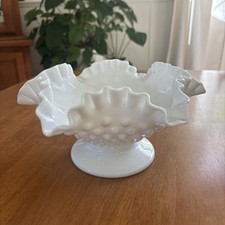 Fenton VTG Milk Glass White Hobnail 8” Footed Bowl Cottagecore Modern Farmhouse picture