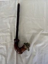 Antique German Wood Carved Hunting Pipe Gesteckpfeife Bavarian Brass Windcap Lid picture