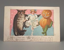 SCARCE SCHMUCKER/ WINSCH HALLOWEEN GIRL DANCING WITH OWL & PUMPKIN MAN 1913 picture