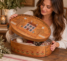 Vintage Folk Art Oval Wooden Sewing Box Alphabet House Farmhouse Country Decor picture