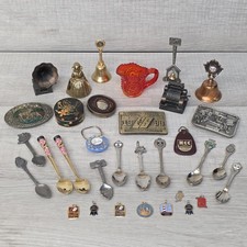 Vintage Junk Drawer Lot Unique Collectibles Belt Buckles Bells Souvenir Spoons picture