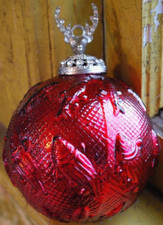 Vtg RUBY RED KUGEL MERCURY GLASS Christmas Ornament EMBOSSED FISH & DEERHEAD CAP picture