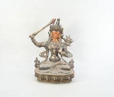 Tibetan Bronze Manjushri Statue, Bodhisattva of Wisdom Sculpture Antique Patina. picture