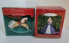 Lot of 2  vtg Hallmark Ornaments - Barbie Millennium princess and Rocking Horse picture