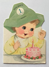 Vintage Happy Birthday Card Die Cut CUTE BABY PINK CAKE Rust Craft 1967 Used picture