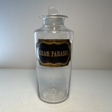 Vintage Gran: Paradis: Glass Apothocary Pharmaceutical Glass Jar With Lid 8.5” picture