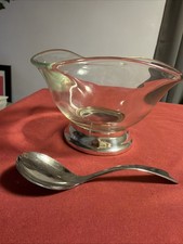 Vtg Sheffield England Clear Glass Condiment Sauce Bowl Silver Plated Base Spoon  picture