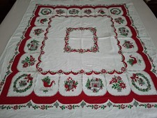 Christmas Themed VTG Tablecloth 45x49 Xmas Wreaths Holly Poinsettia Sleigh  picture