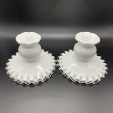 Fenton Silver Crest Milk Glass Candlestick Holders Pillar Set of 2 #7271 Vtg picture