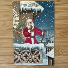 Patriotic SILK ~SANTA CLAUS~Christmas~USA FLAG~TOYS~Clock~Antique~ Postcard~c945 picture
