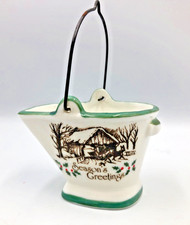 Vintage Miniature Coal Bucket Porcelain Christmas Holiday Decor Seasons Greeting picture
