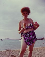 1980s Woman in Bikini & Sarong Holding Drink Cans on Beach 35mm Slide	 picture