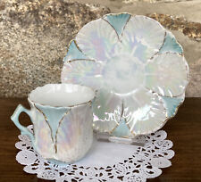 Lusterware Demitasse Cup&Saucer Pale Blue/White Iridescent Leaf Design, Unmarked picture