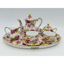 Royal Cotswolds Godinger Miniature Tea Set Floral Tulip Gold Trim 8pc Tray picture