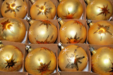 Lot VTG Glass Atomic GOLD Glitter STAR BALL Christmas Ornaments Fantasia Poland picture