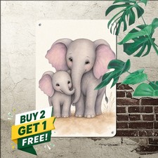 Pastel Mother And Baby Elephant Sweet Nursery Wall Plaque Metal Tin Sign 8x12 picture