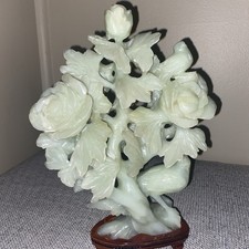 Vintage Pale Celadon Jade Peony & Birds Openwork Sculpture; 3D effect  picture