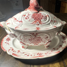 Pristine Vintage Italian Majolica Soup Tureen Set 4-Pc Pink Floral Pomegranate picture