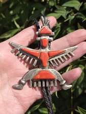 LARGE VINTAGE ZUNI CORAL KNIFEWING STERLING SILVER BOLO TIE picture