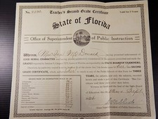 ANTIQUE 1921 FLORIDA TEACHERS CERTIFICATE Second Grade Ida McDonald picture