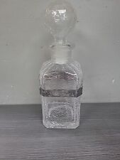 vintage crackle glass square mcm decanter w silver Plate band 11